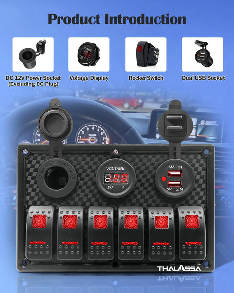 Beefed Up 6 Gang Boat Rocker Switch Panel with LED switches and digital voltage display in a marine or vehicle dashboard setup.