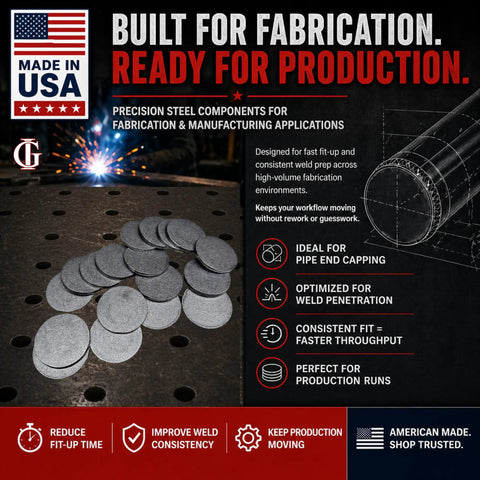 End Caps For 1.25 Inch Nominal Pipe In A36 Steel, CNC Precision Cut, 0.120 Inch Thick, 1.543 Inch Diameter, Weld On For MIG TIG Or Stick Welding, 18 Pack with USA flag and fabrication text.