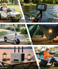 Collage of outdoor uses for 12V 7Ah LiFePO4 Battery including ride-on toys, power wheels, fish finder, and camping lantern.