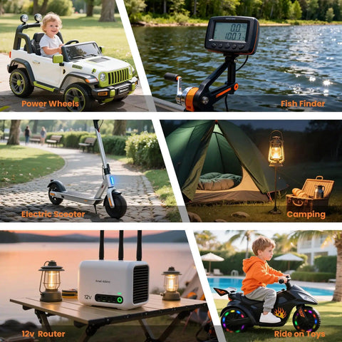 Collage of outdoor uses for 12V 7Ah LiFePO4 Battery including ride-on toys, power wheels, fish finder, and camping lantern.