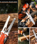 Collage of 28-In-1 Pocket Multitool Pliers With Replaceable Bits featuring saw, cutter, and file in outdoor use