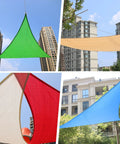 Triangle Sun Shade Sail Canopy 12x12x12 Ft 95 Percent UV Block Outdoor Shade Cover in green, beige, red, blue displayed outdoors