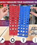 76-piece thread checker gauge set with red standard and blue metric panels, showing bolt, nut, and screw sizes (34 std, 26 metric, 16 screws).