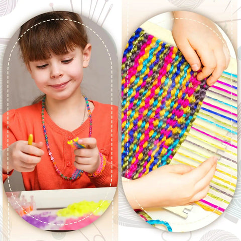 Child using Beginner Friendly Wooden Weaving Loom Kit With Notched Looms 18 Piece Craft Set for creative crafting project