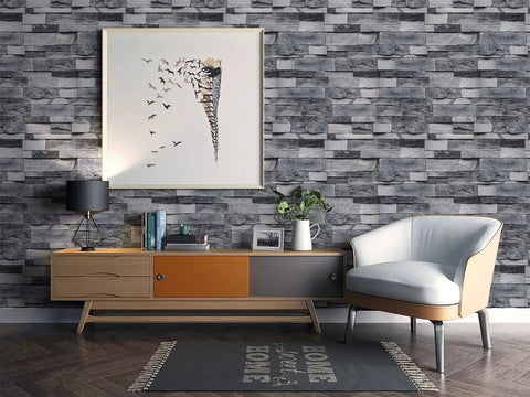 Living room with Grey Faux Brick Peel And Stick Wallpaper Dope Look Self Adhesive Removable For Kitchen Bedroom Living Room Decor 17.7 By 393.7 Inches Covers 48.5 Sq Ft Easy Peel And Stick No Mess No Glue Needed Modern Vintage Brick Look, featuring modern decor and furniture