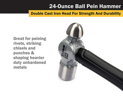 24 Oz Ball Peen Hammer With Forged Steel Head And Shock Absorbing Fiberglass Handle Textured Rubber Grip Built Tough For Rivets Chisels And Punches Durable Heavy Duty Construction For Metal Shaping