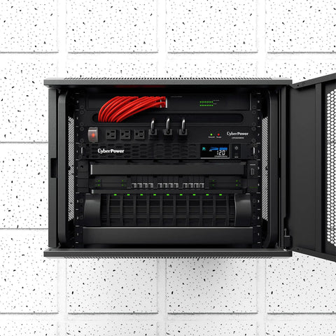 Sinewave UPS Battery Backup And Surge Protector 500VA 300W with 6 outlets installed in 1U rackmount, UL certified, for home office electronics.