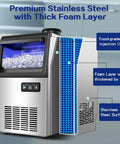 Heavy Duty Beast Mode Commercial Ice Maker 110 Lbs Per Day Under Counter Or Freestanding With 22 Lb Storage Dual Water Inlets Auto Self Cleaning Ideal For Home Bar And Office showcasing stainless steel build and foam insulation.