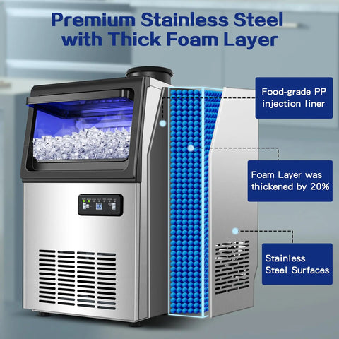 Heavy Duty Beast Mode Commercial Ice Maker 110 Lbs Per Day Under Counter Or Freestanding With 22 Lb Storage Dual Water Inlets Auto Self Cleaning Ideal For Home Bar And Office showcasing stainless steel build and foam insulation.