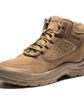 Steel Toe Work Boots For Men And Women Lightweight Slip Resistant High Top Safety Shoes With Puncture Proof Construction All Day Comfort Built Tough Insulated Steel Toe Boots For Tough Jobs - side view in tan color.