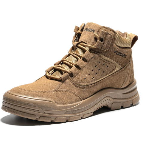 Steel Toe Work Boots For Men And Women Lightweight Slip Resistant High Top Safety Shoes With Puncture Proof Construction All Day Comfort Built Tough Insulated Steel Toe Boots For Tough Jobs - side view in tan color.