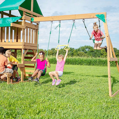 Children playing on swings with Bulletproof Heavy Duty Swing Hangers 4 Pack Built Like A Tank Includes Premium 304 Stainless Steel.