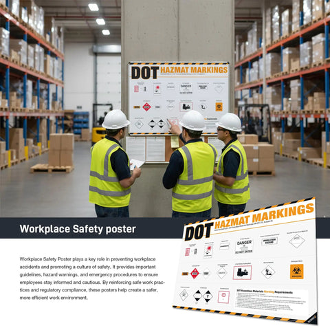 Hazmat Markings Poster With 49 CFR 172 Labeling Guide For Safe Shipping, Storage, And HazMat Training Reference Chart in warehouse