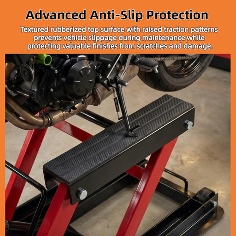 Beefy 1500 Lbs Hydraulic Motorcycle Lift Jack With Anti-Slip Surface and Red Frame for Dirt Bikes UTVs In Garage
