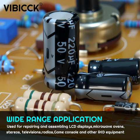 Mega Value 24 Value 630 Piece Electrolytic Capacitor Kit on circuit board, 50V 220uF capacitor visible for DIY projects.