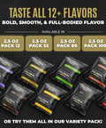 Colombian Arabica Ground Coffee Packets 100 Count Premeasured Frac Packs For 12 Cup Makers in black packaging with flavor labels.