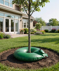 15 Gallon Tree Watering Bags Set Of 4 With Rings Slow Release Water For 1 To 7 Days Deep Root Automatic Drip Irrigation System For Multi Trunk Newly Planted Trees And Shrubs in use around a tree in a garden.