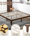 Rock Solid King Platform Bed Frame 14 Inch Profile Genuine Rubber Wood Heavy Duty Slat Support Premium Mattress Foundation No Box Spring Needed Hassle Free Setup Dark Walnut showing solid wood slats and support legs.