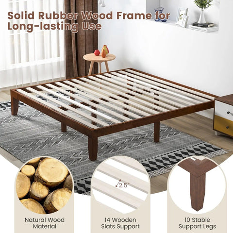 Rock Solid King Platform Bed Frame 14 Inch Profile Genuine Rubber Wood Heavy Duty Slat Support Premium Mattress Foundation No Box Spring Needed Hassle Free Setup Dark Walnut showing solid wood slats and support legs.