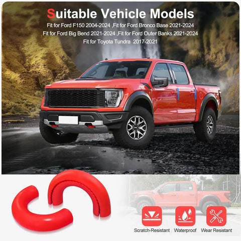 Red Ford F150 tow hook covers for 2004-2026 models shown with compatible vehicle types and product features.