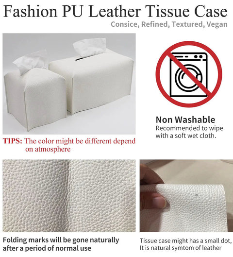 Durable PU Leather Tissue Box Cover Holder Square Modern Dispenser For Bathroom Vanity Nightstand Office Desk And Car Fits Standard Tissue Boxes Wine Red Great Gift For Home And Office Decor features white textured PU leather.