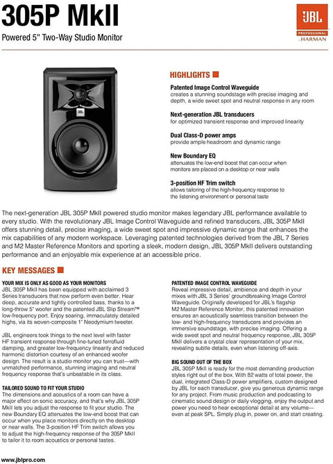 Two 305P MkII 5 Inch 2-Way Active Studio Monitors With Image Control Waveguide, product image with features and specs summary.