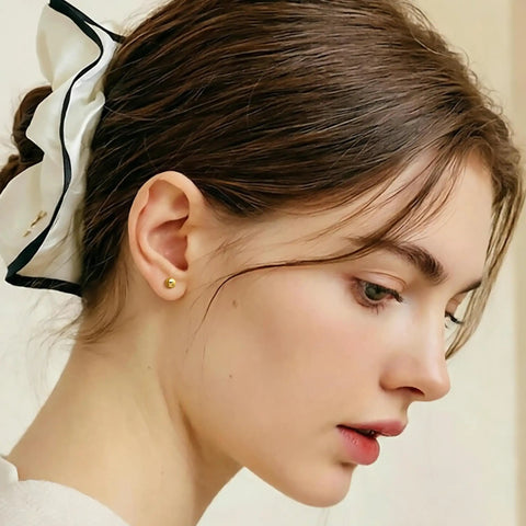 14K Gold Ball Stud Earrings For Women, Everyday Wear Go To Dainty Gold Earrings, Timeless Shine For Any Outfit, Comfortable Hypoallergenic Jewelry, Classic Gold Sparkle, Perfect Gift Idea on model