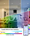 Color Changing 6 Inch Slim LED Recessed Light Kit With Junction Box showing tunable white and RGB settings in a modern room