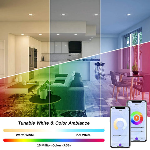 Color Changing 6 Inch Slim LED Recessed Light Kit With Junction Box showing tunable white and RGB settings in a modern room