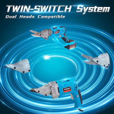 Electric Metal Shear For Sheet Metal, 14 Gauge, 5.0 Amp Motor, Variable Speed, with twin-switch system and dual heads displayed