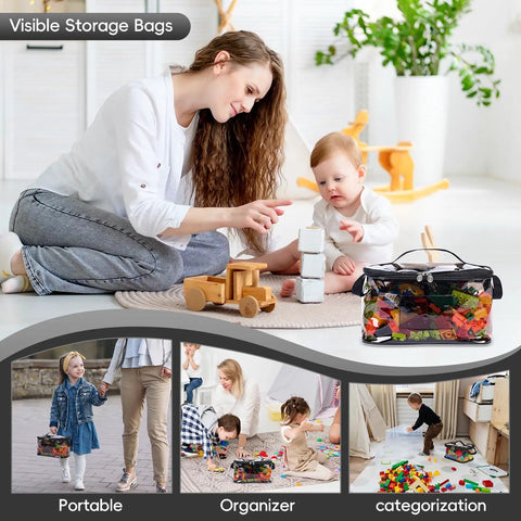 See Through TPU Toy Organizer Bags With Zippers Extra Large Large And Medium Pouch Set Waterproof Clear Storage For Toys Board Games Blocks Puzzles Dolls Grey Color 5 Pack Set With Mesh Name Pouches Kid Friendly in use by a mother and child on a mat.