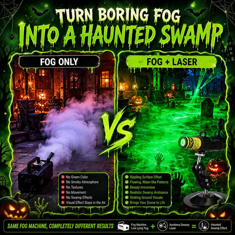 Green Laser Halloween Generator With Timer For Spooky Party Lighting And Fog Effects, Projects Bright Creepy Beams Across Marsh Fog To Create Epic Atmosphere And Endless Halloween Fun, fog and laser comparison