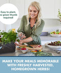 Woman using scissors to harvest herbs from DIY Indoor Herb Garden Starter Kit With Heirloom Non GMO Seeds For Basil Thyme Parsley Cilantro Plus Potting Soil Pots And Scissors Grow Fresh Kitchen Herbs On Your Balcony Or Window Sill