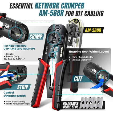 Seven In One Pro Grade Ethernet Crimping Tool Kit For RJ45 RJ11 Network Cabling Cat6 Cat5e Cat5 Connectors image showing crimping tool and blade