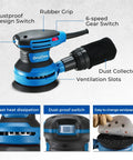 Zero Drama 5 Inch Random Orbital Sander with rubber grip, dust collector, and 6-speed gear switch for woodworking tasks.