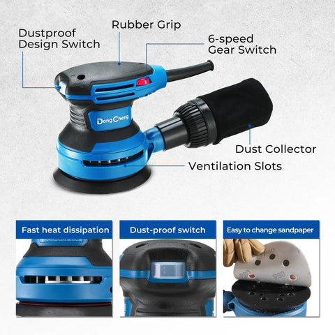 Zero Drama 5 Inch Random Orbital Sander with rubber grip, dust collector, and 6-speed gear switch for woodworking tasks.