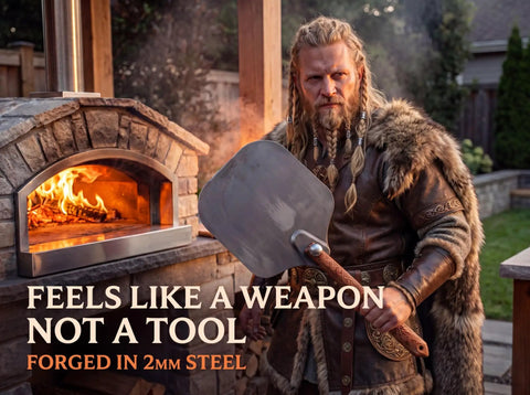 Viking Style Pizza Peel With Cutter Rocker, Heavy Duty Metal Paddle 14x12 Inches, Foldable Wood Handle, shown with brick oven