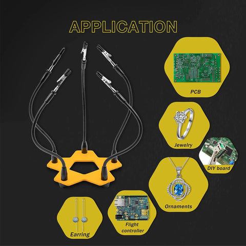 Five Arm Third Hand Soldering Stand With Adjustable Gooseneck Arms Non Slip Steel Weighted Base PCB Holder for diverse applications.
