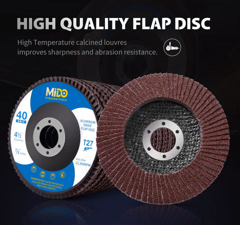 Pro Flap Disc Set Four And A Half Inch Twenty Pack For Angle Grinder, Assorted Grits 40 60 80 120, close-up on T27 40 grit disc