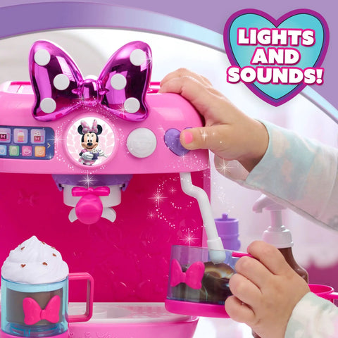 Child playing with Minnie Mouse Bowrista 10 Inch Kids Espresso Machine Play Set With Cups Syrup Bottle Frothing Pitcher Portafilter Tamper And Toppings For Pretend Coffee Shop Fun Ages 3 And Up