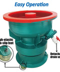 Pro Tech 60 Liter Electric Vibratory Tumbler showing detachable drain valve and high-elastic non-slip feet.