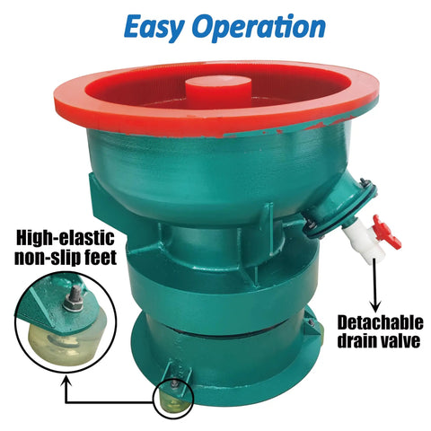 Pro Tech 60 Liter Electric Vibratory Tumbler showing detachable drain valve and high-elastic non-slip feet.