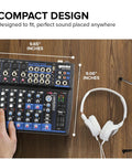 Top view of 12 Channel Bluetooth Audio Mixer With USB Playback And FX For Bands, Podcasters, DJs, and Live Sound Pros on desk.