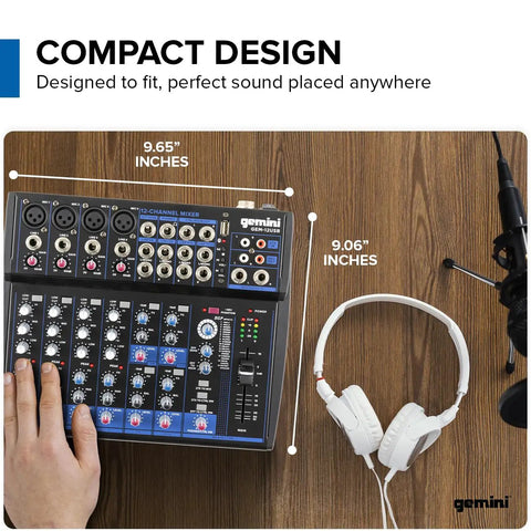 Top view of 12 Channel Bluetooth Audio Mixer With USB Playback And FX For Bands, Podcasters, DJs, and Live Sound Pros on desk.