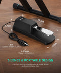 Sustain Pedal For Keyboards And Digital Pianos With Polarity Switch One Quarter Inch Input Universal Compatibility For Yamaha Casio Roland Korg Behringer Moog Durable Chrome Coated Pedal A Must Have For Smooth Responsive Sustain On Stage And In Studio, 23.5cm chrome pedal on wooden floor, side view with cable and dimensions.