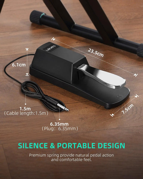 Sustain Pedal For Keyboards And Digital Pianos With Polarity Switch One Quarter Inch Input Universal Compatibility For Yamaha Casio Roland Korg Behringer Moog Durable Chrome Coated Pedal A Must Have For Smooth Responsive Sustain On Stage And In Studio, 23.5cm chrome pedal on wooden floor, side view with cable and dimensions.