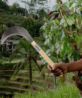 Person holding Long Handled Weeding Tool With Semi Circular Steel Blade For Lawn Garden And Farm Clearing Manual Mowing Tool