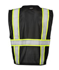 Men's Black Hi Vis Safety Vest With Six Spacious Utility Pockets And Cooling Mesh Back, bold reflective stripes visible from the back.