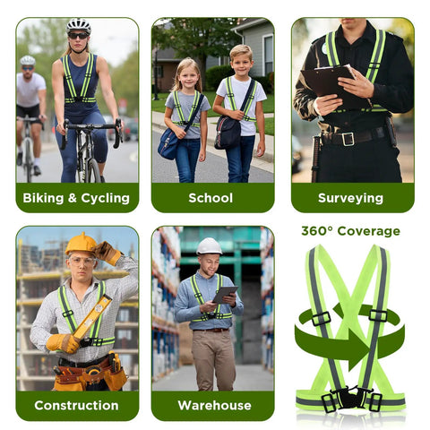 20 Pack Bright Yellow High Visibility Reflective Safety Vests With 360 Degree Glow Adjustable Quick Release Buckles in use for biking, school, construction.