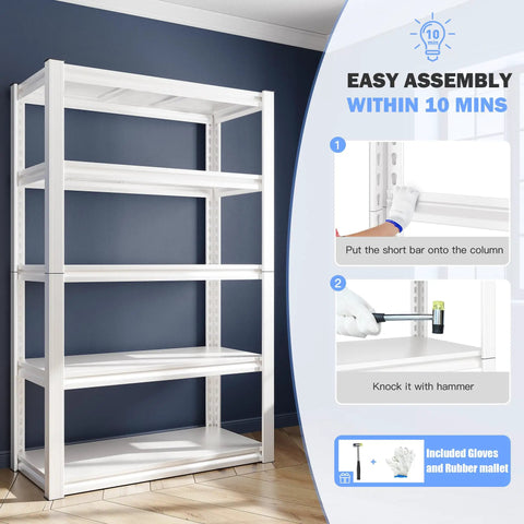 Heavy Duty White Garage Shelving Unit With 5 Adjustable Tiers Up To 2000 Lbs Capacity Versatile Storage Shelves For Pantry Kitchen Closet Basement Or Warehouse 16.5 In D By 32 In W By 63 In H, easy assembly